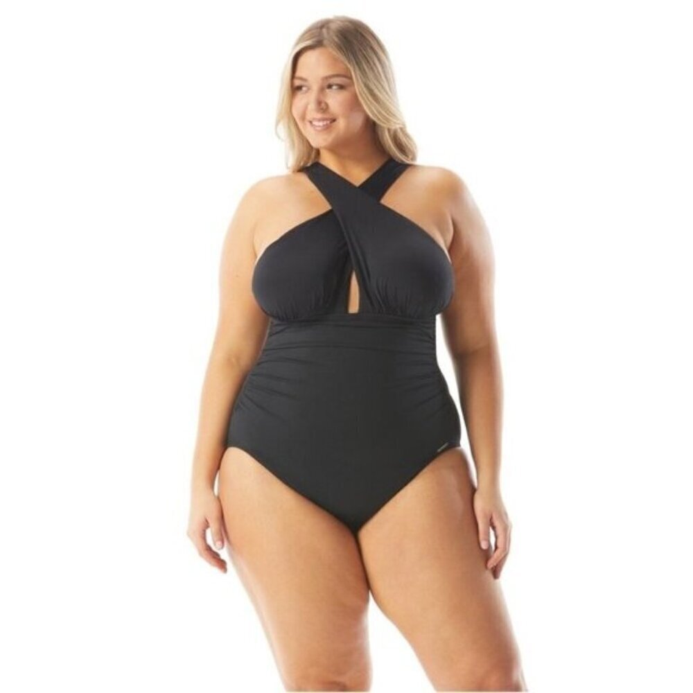 MICHAEL Michael Kors Shirred Cross Front One Piece Swimsuit - Iconic Solids
